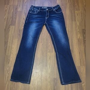 Rock & Roll Cowgirl Mid Rise Bootcut Blue Denim Embelleshed Jeans 33×34 A76
